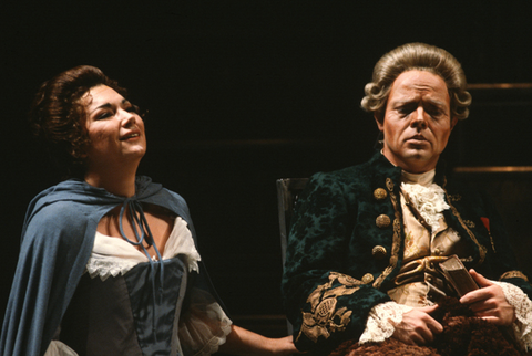 Carol Vaness (Blanche), Eric Halfvarson (Marquis), Dialogues of the Carmelites, Francis Poulenc. San Francisco Opera, 1982-83. Photographer: Ron Scherl/San Francisco Opera.