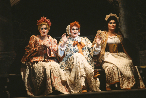 Kaaren Erickson (Noémie), Maureen Forrester (Mme. de la Haltière), Laura Brooks Rice (Dorothée), Cendrillon, Jules Massenet. San Francisco Opera, 1982-83. Photographer: Ron Scherl/San Francisco Opera.