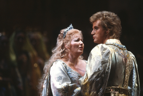 Pilar Lorengar (Elsa von Brabant), Peter Hofmann (Lohengrin), Lohengrin, Richard Wagner. San Francisco Opera, 1982-83. Photographer: Ron Scherl/San Francisco Opera.