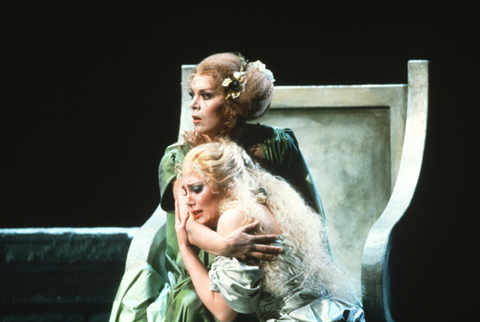 Hanna Schwarz (Fricka), Mary Jane Johnson (Freia), Das Rheingold, Richard Wagner. San Francisco Opera, 1982-83. Photographer: Ron Scherl/San Francisco Opera.