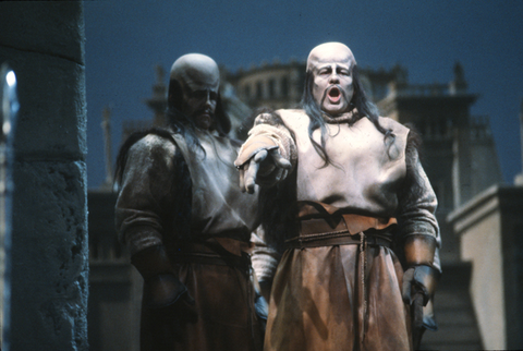 Erich Knodt (Fafner), Hans Tschammer (Fasolt), Das Rheingold, Richard Wagner. San Francisco Opera, 1982-83. Photographer: Ron Scherl/San Francisco Opera.