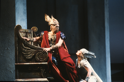 Thomas Stewart (Wotan), Jeannine Altmeyer (Brünnhilde), Die Walküre, Richard Wagner. San Francisco Opera, 1982-83. Photographer: Ron Scherl/San Francisco Opera.