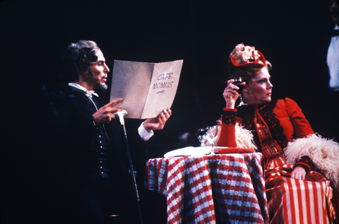 Stanley Wexler (Alcindoro), Mary Jane Johnson (Musetta), La Bohème, Giacomo Puccini. San Francisco Opera, 1982-83. Photographer: Ron Scherl/San Francisco Opera.