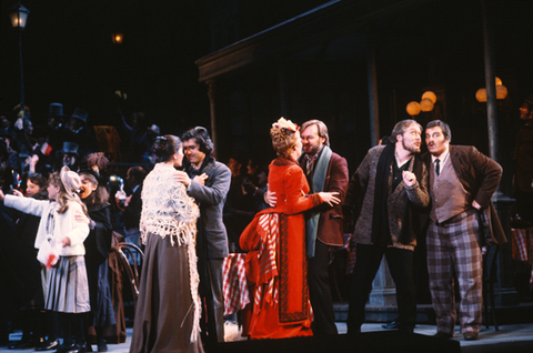 Ilona Tokody (Mimì), Luis Lima (Rodolfo), Mary Jane Johnson (Musetta), J. Patrick Raftery (Marcello), Kevin Langan (Colline), Timothy Noble (Schaunard), Ensemble, La Bohème, Giacomo Puccini. San Francisco Opera, 1982-83. Photographer: Ron Scherl/San Francisco Opera.