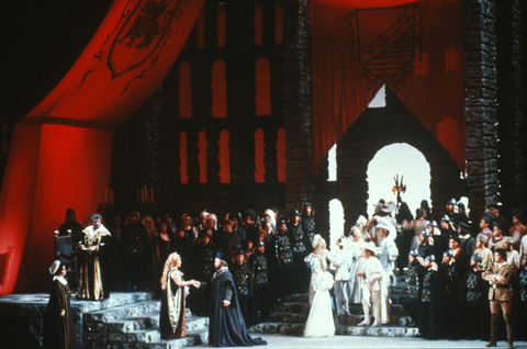 Leslie Richards (Emelia), Carlo Cossutta (Otello), Margaret Price (Desdemona), Eric Halfvarson (Lodovico), Silvano Carroli (Iago), Ensemble, Otello, Giuseppe Verdi. San Francisco Opera, 1983-84. Photographer: Ron Scherl/San Francisco Opera.