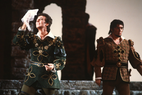 Ryland Davies (Cassio), Silvano Carroli (Iago), Otello, Giuseppe Verdi. San Francisco Opera, 1983-84. Photographer: Ron Scherl/San Francisco Opera.