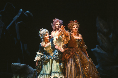 Cheryl Parrish (Naiade), Ruth Ann Swenson (Echo), Laura Brooks Rice (Dryade), Ariadne auf Naxos, Richard Strauss. San Francisco Opera, 1983-84. Photographer: Ron Scherl/San Francisco Opera.