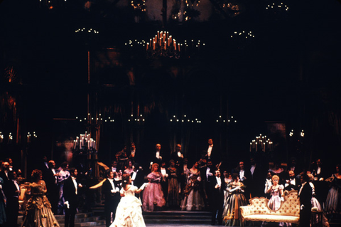 Nelly Miricioiu (Violetta Valery), Ensemble, La Traviata, Giuseppe Verdi. San Francisco Opera, 1983-84. Photographer: Ron Scherl/San Francisco Opera.