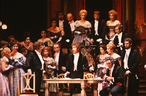 John MacAllister (Marquis D'Obigny), Chorus, La Traviata, Giuseppe Verdi. San Francisco Opera, 1983-84. Photographer: Ron Scherl/San Francisco Opera.