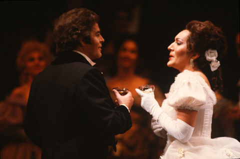 Alberto Cupido (Alfredo Germont), Nelly Miricioiu (Violetta Valery), La Traviata, Giuseppe Verdi. San Francisco Opera, 1983-84. Photographer: Ron Scherl/San Francisco Opera.