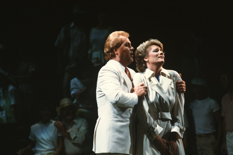 Dennis Bailey (Mark), Mary Jane Johnson (Jenifer), Chorus, The Midsummer Marriage, Sir Michael Tippett. San Francisco Opera, 1983-84. Photographer: Ron Scherl/San Francisco Opera.