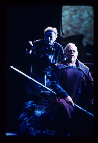 Helmut Pampuch (Mime), Thomas Stewart (The Wanderer), Siegfried, Richard Wagner. San Francisco Opera, 1983-84. Photographer: Ron Scherl/San Francisco Opera.