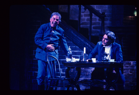 George Rose (Frosch), Kevin Langan (Frank), Die Fledermaus, Johann Strauss, Jr.. San Francisco Opera, 1983-84. Photographer: Ron Scherl/San Francisco Opera.