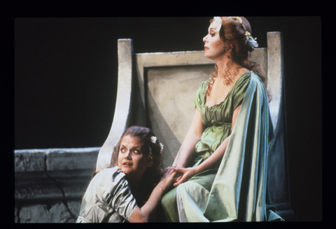 Nancy Gustafson (Freia), Hanna Schwarz (Fricka), Das Rheingold, Richard Wagner. San Francisco Opera, 1984-85. Photographer: Ron Scherl/San Francisco Opera.