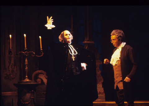 Jonathan Green (Abbé de Chazeuil), Leo Nucci (Michonnet), Adriana Lecouvreur, Francesco Cilea. San Francisco Opera, 1985-86. Photographer: Ron Scherl/San Francisco Opera.