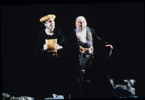 Jacque Trussel (Edmund), Chester Ludgin (Gloucester), Lear, Aribert Reimann. San Francisco Opera, 1985-86. Photographer: Ron Scherl/San Francisco Opera.