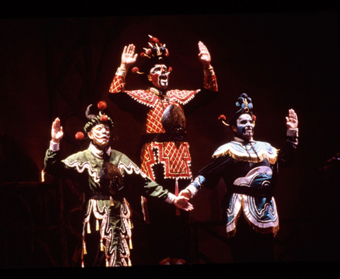 Frank Kelley (Pang), David Malis (Ping), Jonathan Green (Pong), Turandot, Giacomo Puccini. San Francisco Opera, 1985-86. Photographer: Ron Scherl/San Francisco Opera.