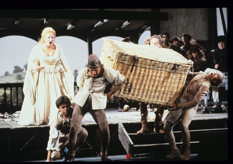 Pilar Lorengar (Alice Ford), Supernumeraries, Falstaff, Giuseppe Verdi. San Francisco Opera, 1985-86. Photographer: Ron Scherl/San Francisco Opera.