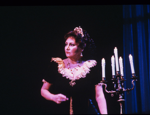 Maria Slatinaru (Tosca), Tosca, Giacomo Puccini. San Francisco Opera, 1985-86. Photographer: Ron Scherl/San Francisco Opera.