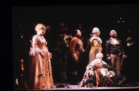 Carol Neblett (Amelia), Carlo Bergonzi (Riccardo), Erie Mills (Oscar), Chorus, Un Ballo in Maschera, Giuseppe Verdi. San Francisco Opera, 1985-86. Photographer: Ron Scherl/San Francisco Opera.