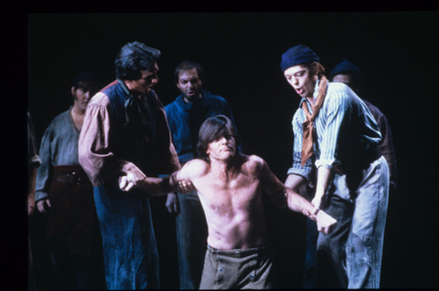 Erich Parce (Novice's Friend), James Schwisow (Novice), James Meyer (Chorus), Chorus, Billy Budd, Benjamin Britten. San Francisco Opera, 1985-86. Photographer: Ron Scherl/San Francisco Opera.