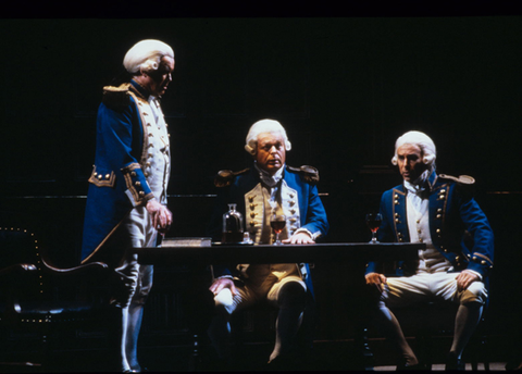 James King (Captain Vere), Peter Glossop (Mr. Redburn), Stanley Wexler (Mr. Flint), Billy Budd, Benjamin Britten. San Francisco Opera, 1985-86. Photographer: Ron Scherl/San Francisco Opera.