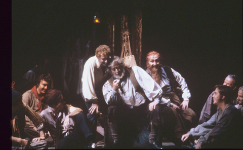 Dale Duesing (Billy Budd), Eric Garrett (Dansker), Paul Gudas (Red Whiskers), Chorus, Billy Budd, Benjamin Britten. San Francisco Opera, 1985-86. Photographer: Ron Scherl/San Francisco Opera.