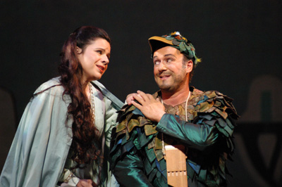 Ana Maria Martinez (Pamina), Johannes Martin Kränzle (Papageno), Die Zauberflӧte, Wolfgang Amadeus Mozart. San Francisco Opera, 2003-04. Photographer: Larry Merkle/San Francisco Opera.