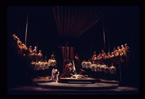 Michael Sells (The Evangelist), Douglas Lawrence (Jesus), Ensemble, The Passion According to St. Matthew, Johann Sebastian Bach. San Francisco Opera/SPOT, 1976-77. Photographer: Ron Scherl/San Francisco Opera.