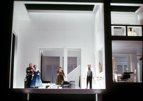 Yann Beuron (Count Almaviva), Helene Schneiderman (Rosina), Catherine Cook (Berta), Paul Plishka (Doctor Bartolo), Il Barbiere di Siviglia, Gioachino Rossini. San Francisco Opera, 2003-04. Photographer: Ken Friedman/San Francisco Opera.