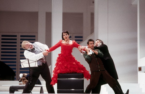 Paul Plishka (Doctor Bartolo), Helene Schneiderman (Rosina), Nathan Gunn (Figaro), Yann Beuron (Count Almaviva), Il Barbiere di Siviglia, Gioachino Rossini. San Francisco Opera, 2003-04. Photographer: Ken Friedman/San Francisco Opera.